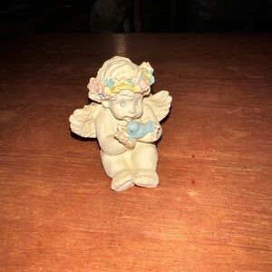 Cherub Figurine with Blue Bird and Floral Crown